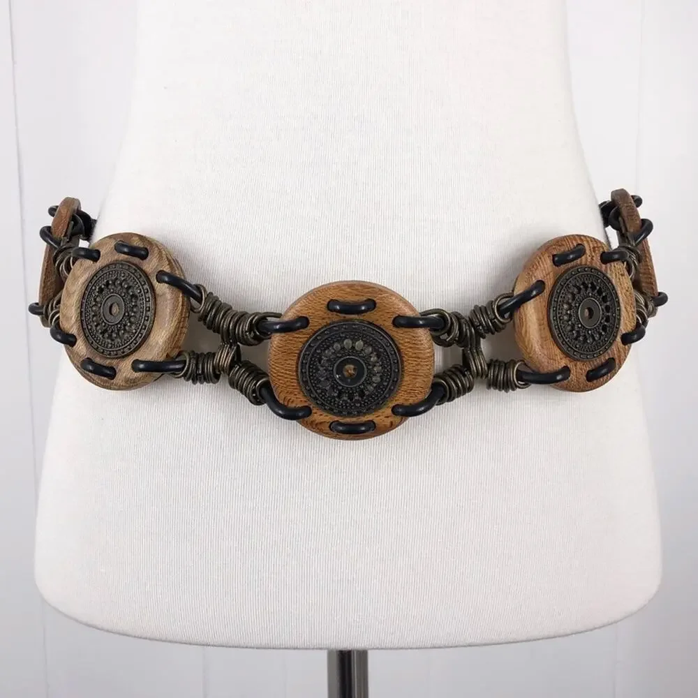 Concho Belt Mixed Media Wood Chain Boho Festival Womens Size Small Tan Neutral